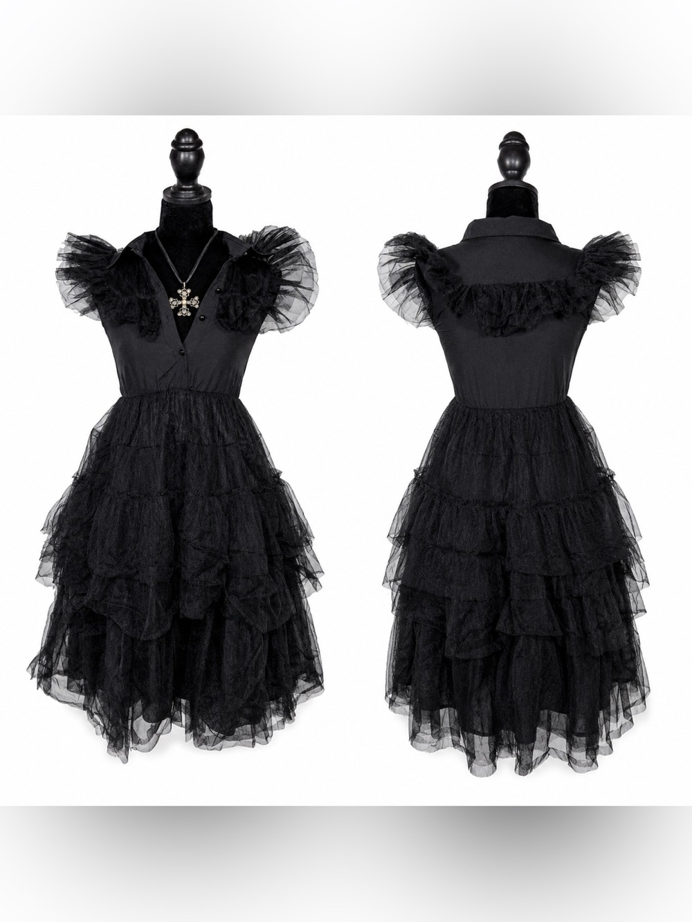 Girls Black Wednesday costume Organza Dress Sleeveless Ruffle Goth  Size 11/12